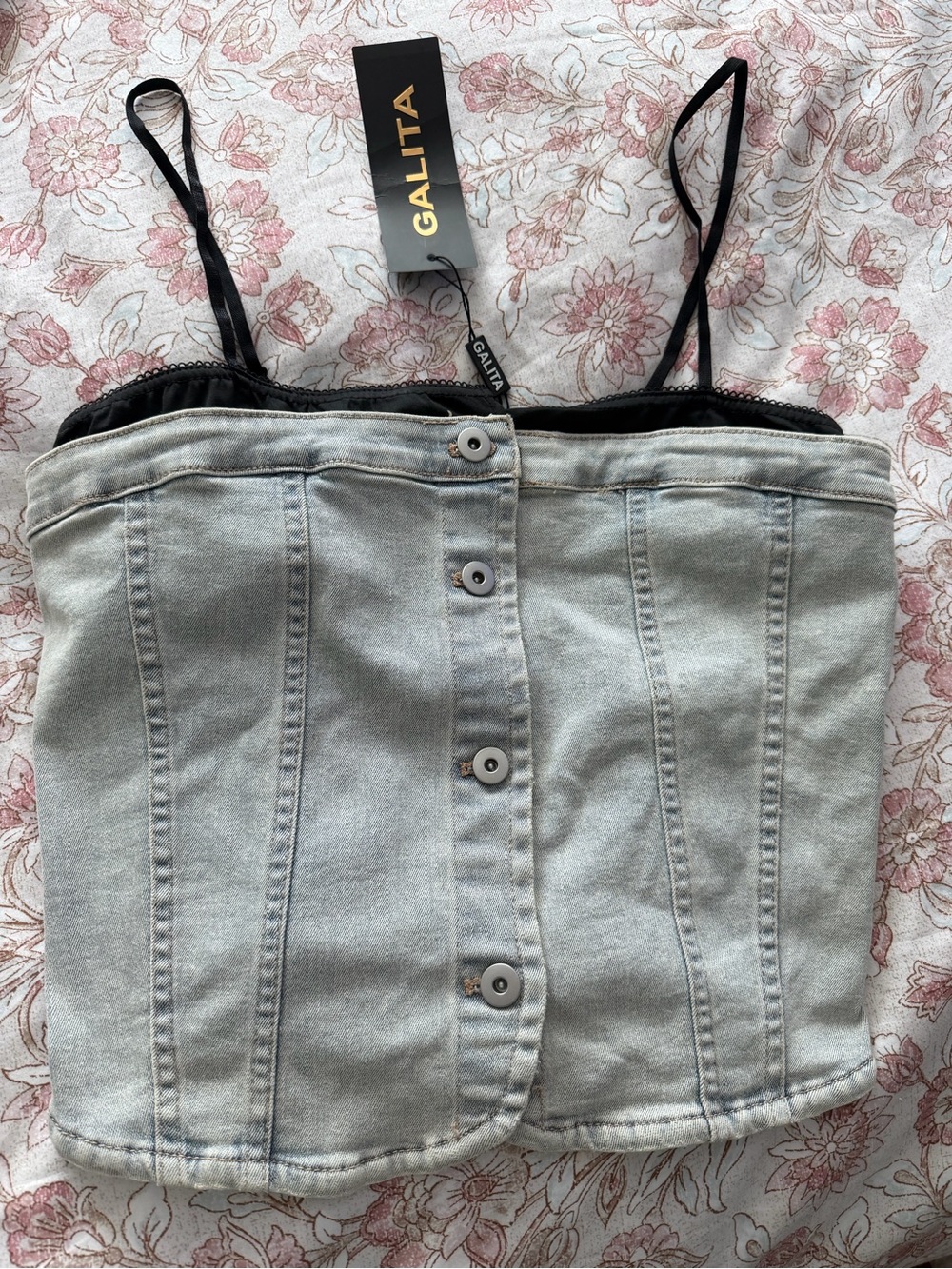 Galita Light Blue Denim Corset Crop Top with Black Straps
